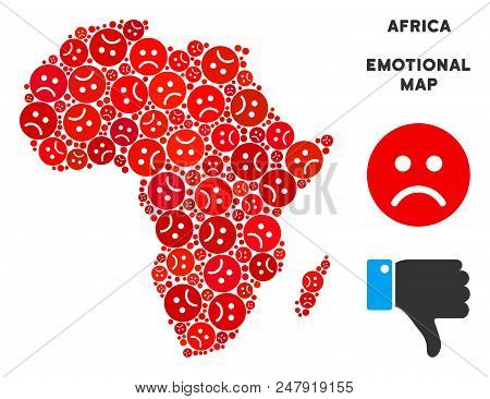 Sorrow Africa Map Mosaic Of Sad Emojis In Red Colors. Negative Mood Vector Template Of Crisis Region