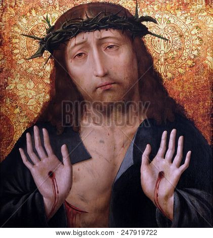 ZAGREB, CROATIA - APRIL 07: Man of Sorrows, Circle of Aelbert Bouts, oil on wood, 16 century, the Passion in Art from Mimara Museum in Zagreb, Croatia, on April 07, 2017.