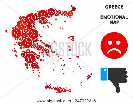 Emotion Greece Map Mosaic Of Sad Emojis In Red Colors. Negative Mood Vector Concept Of Crisis Region