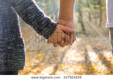 Closeup View Of A Couple Of Man And Woman Holding Hands On A Walk Outdoors In Rhe Sun Rays.