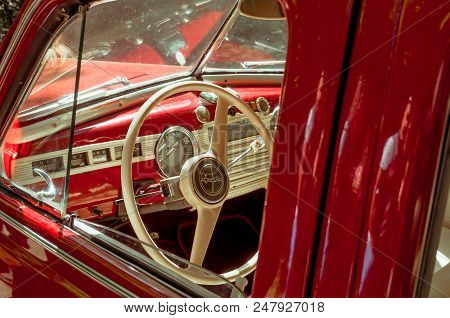 Ukraine, Lviv - July 3, 2018: Old Retro Car, Interior Retro Car, Retro Car Interior Beautiful, Red I