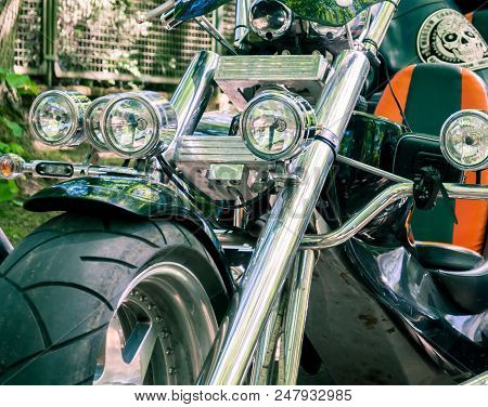 Custom Motorbike. Motorcycle With Lots Of Headlights Up Front. Motorcycles For Bikers