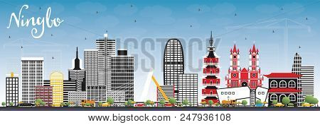 Ningbo China City Skyline with Color Buildings and Blue Sky. Business Travel and Tourism Concept with Historic Architecture. Ningbo Cityscape with Landmarks.