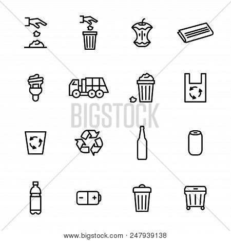 Trash Garbage Related Black Thin Line Icon Set Include Of Lamp, Bag And Glass Bottle. Vector Illustr