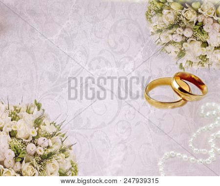 Wedding Invitation With Roses.  Pearls, Rings. Wedding Invitation. Wedding Card