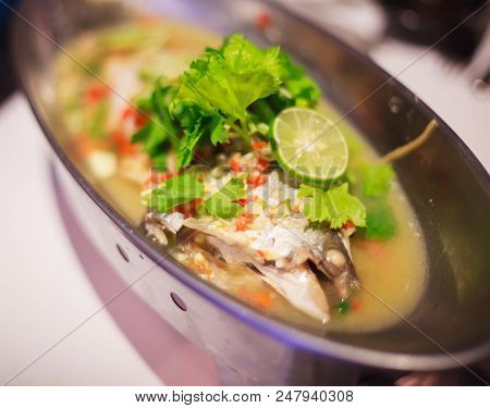 Steamed Snapper (pacific Ocean Perch, Sea Bass, Ruby Perch) Hotpot In Spicy Lemon Sauce In Asian Tha