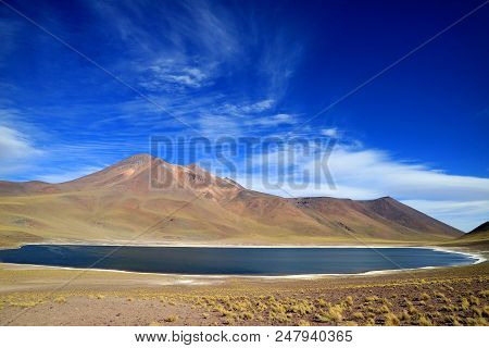Laguna Miniques Or Miniques Lake With Cerro Miscanti Volcano At The Highland Of Northern Chile