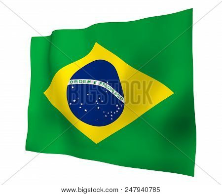 Waving Flag Of Brazil. Ordem E Progresso. Order And Progress. Rio De Janeiro. South America. State S