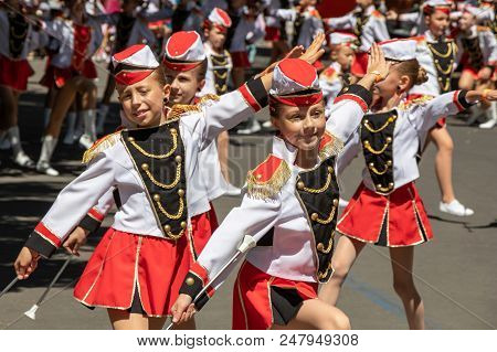 Prague, Czech Republic - July 1, 2018: Junior Majorettes Parading At Sokolsky Slet, A Once-every-six