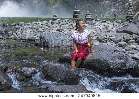 Batad, Philippines - May 02 : Girl From Ifugao Minority Near A Waterfall In Batad The Philippines On