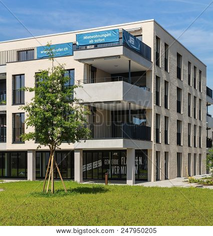 Bremgarten, Switzerland - June 16, 2018: New Residential Buildings Along Augraben Street In Bremgart