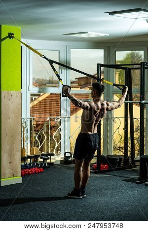 Man With Nude Torso, And Muscular Back In Gym Enjoy Training, Trx. Sport And Gym Concept. Man With T