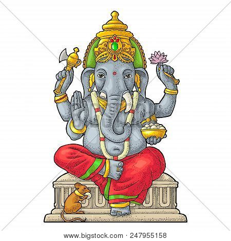 Ganpati With Mouse For Poster Ganesh Chaturthi. Engraving Vintage Vector Color Illustration. Isolate