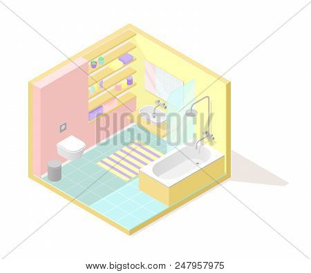 Vector Isometric Low Poly Cutaway Interior Illustartion. Bathroom
