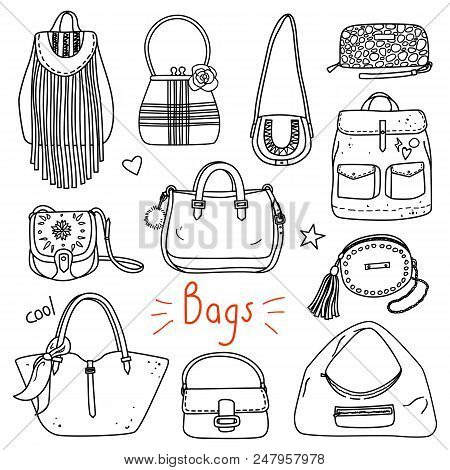 Set Of Hand Drawn Women Accessories. Bags