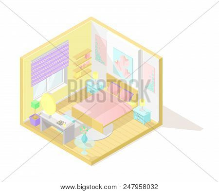 Vector Isometric Low Poly Cutaway Interior Illustartion. Bedroom