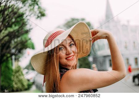 Girl Hat Emotions Joy Against Background City