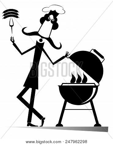 Mustache Comic Cook Isolated Illustration. Comic Long Mustache Cook Frying Sausages And Steaks On Th
