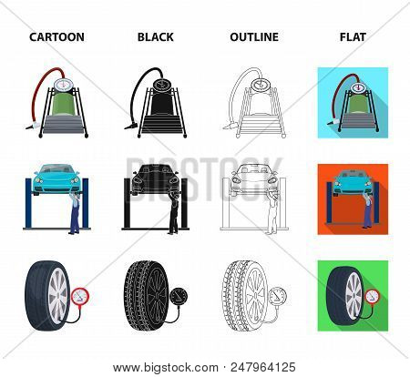 Car On Lift, Piston And Pump Cartoon, Black, Outline, Flat Icons In Set Collection For Design.car Ma
