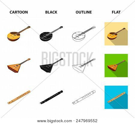 Musical Instrument Cartoon, Black, Outline, Flat Icons In Set Collection For Design. String And Wind