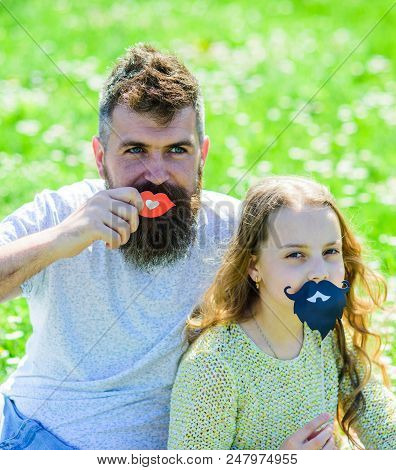 Father Posing With Lips And Child Posing With Beard Photo Booth Attribute. Gender Roles Concept. Fam