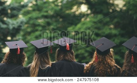 Group Of Graduated Students Back View Standing Ourside Between Trees.