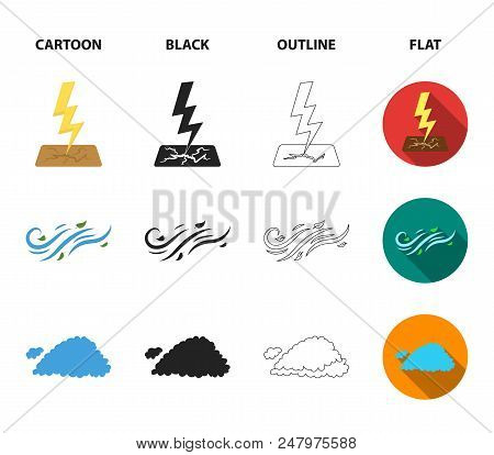 Humidity, Icicles, Thunderbolt, Windy Weather. Weather Set Collection Icons In Cartoon, Black, Outli