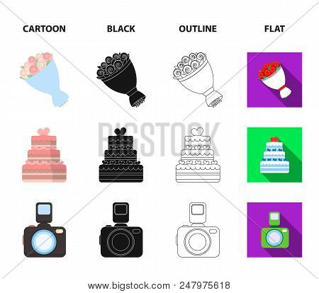 Arrow Cupid, Dove, Bouquet Of Flowers, Wedding Cake. Wedding Set Collection Icons In Cartoon, Black,