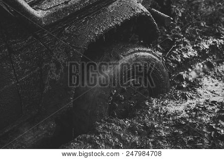 Competition Of Off-road Cars. Fragfment Of Car Stuck In Dirt, Close Up. Dirty Offroad Tire Covered W