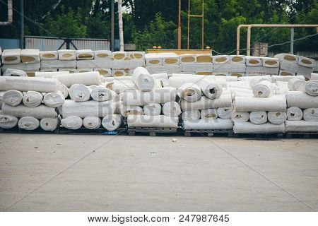The Texture Of Mineral Wool For Insulating The Walls. Warehouse Of Products Ready For Import