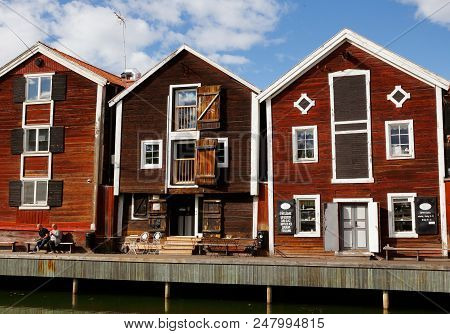 Hudiskvall, Sweden - July 5, 2017: Old Former Port Warehouses In Hudiskvall City Center.