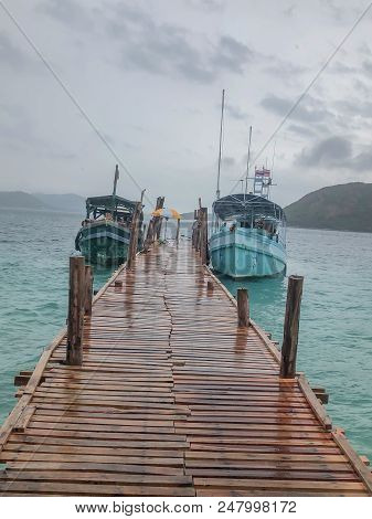 Chonburi , Thailand- April 28 2018: Dark Image And Soft Focus Of Boat Dock At The Port On The Island