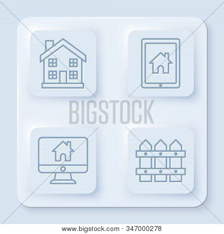 Set Line Home Symbol, Tablet And Smart Home, Computer Monitor With Smart Home And Garden Fence Woode