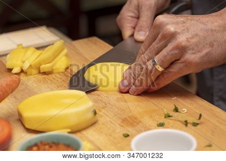 Chef Teaching How To Cut Fruit Julienne Style For A Sushi Class