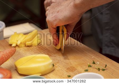 Chef Teaching How To Cut Fruit Julienne Style For A Sushi Class