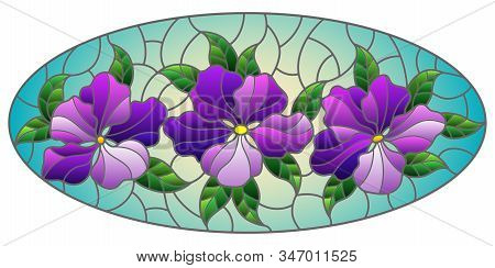 Llustration In Stained Glass Style With Flowers, Leaves And Buds Of Purple Flowers On A Blue Backgro