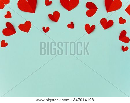 Red Hearts Paper On Cyan Background With Copy Space For Valentine Greeting Card Or Wedding Invitatio