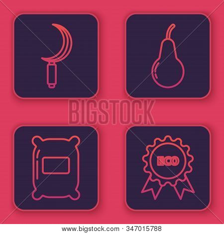 Set Line Sickle, Bag Of Flour, Pear And Banner, Label, Tag, Logo For Eco. Blue Square Button. Vector