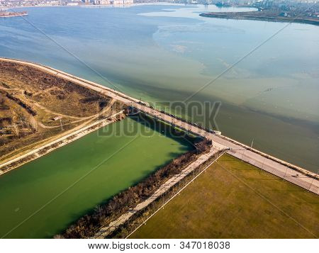Aerial Photo Of The Old Bridge Dambovita Between Dambovita River And Morii Lake , Bucharest, Romania