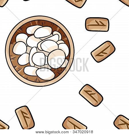 Set Of Wooden Celtic Runes And Bowl With Pebble Seamless Pattern. Wallpaper Of Carved Runic Symbols 