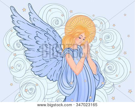 Angel Girl With Wings, Cross, Roses And Halo. Isolated Hand Drawn Vector Illustration. Trendy Vintag