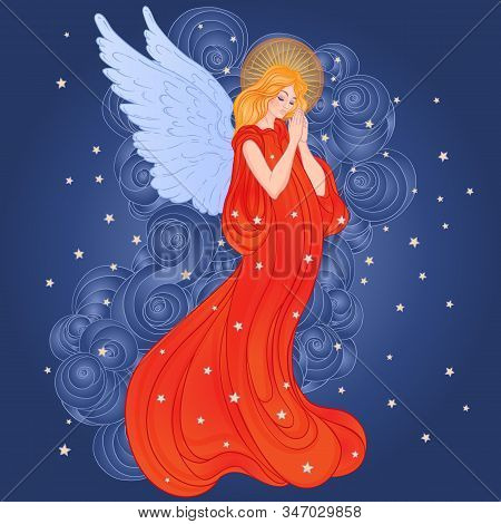 Angel Girl With Wings, Cross, Roses And Halo. Isolated Hand Drawn Vector Illustration. Trendy Vintag