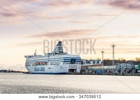 Helsinki, Finland - November 30, 2019: Winter Sunset Back Side View Of The Silja Line Company´s  Lar