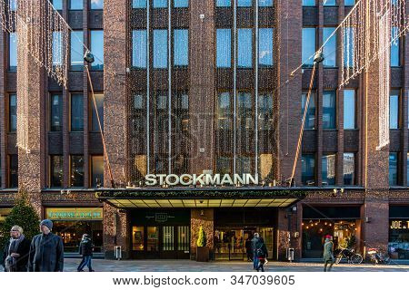Helsinki, Finland - November 30, 2019: Outdoor Facade Front View Of The Famous Stockmann Shopping Ce