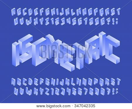 Isometric Alphabet Font. Simple 3d Geometric Letters And Numbers In Blue. Stock Vector Typescript Fo