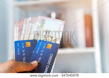 Credit Card Payment For Online E-commerce Businesss Concept : Mock Up Creditcard With Thai Banknotes