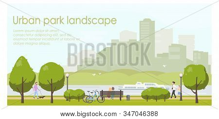 Urban Park Landscape Flat Illustration. Horizontal Banner Template With Place For Your Text. Stock V