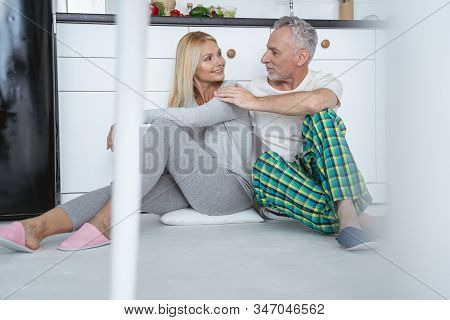 Finding Comfortable Place On The Kitchen Floor Stock Photo