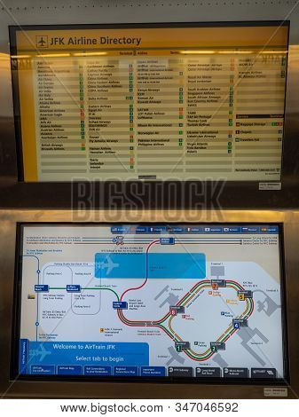 New York, Usa - June 2, 2019: Information Panels On The Train Platform In Terminal 4 Of Jfk Towards 