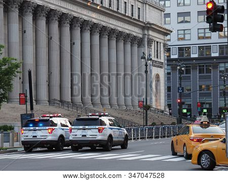 New York, Usa - June 3, 2019: Two Ford Explorer Cars From The Nypd Right Next To Penn Station.